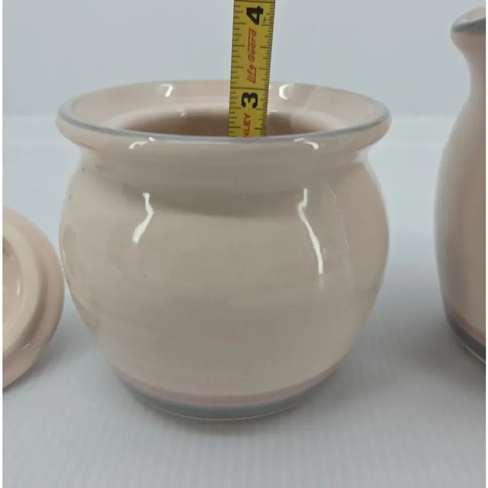 Pfaltzgraff Aura Pink Creamer & Covered Sugar Bowl Set Striped Stoneware USA